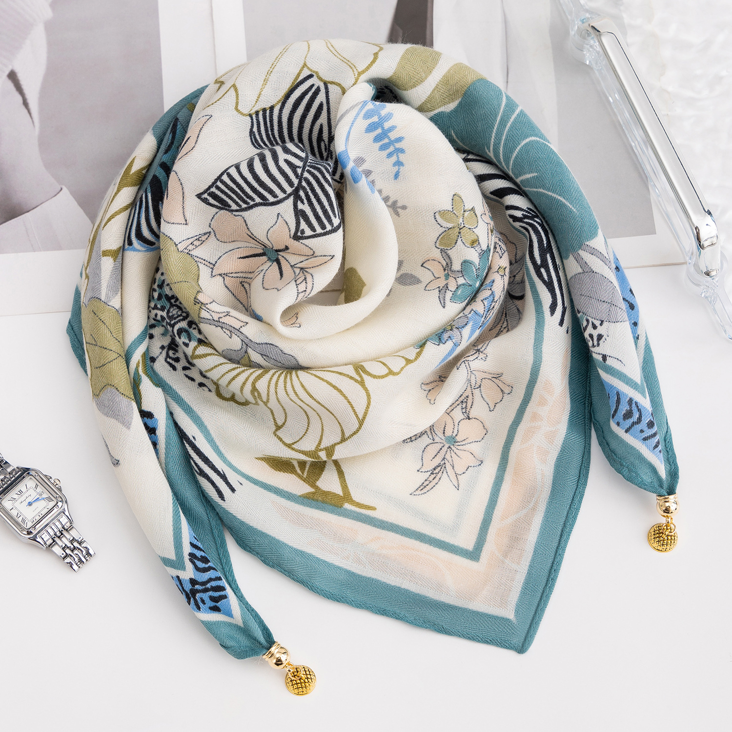 20g Weight Silk Scarf Classification Cotton, cotton and linen Material Spot, Plaid, Polka Dots, Leopard, Camouflage Pattern Spring&Summer, Autumn, Autumn&Winter Season Women's Gender Thin Cotton Square Scarf For Women, Comfortable Magnetic Buckle Design, Multifunctional Neck Warmer, Spring And Summer Accessory 9