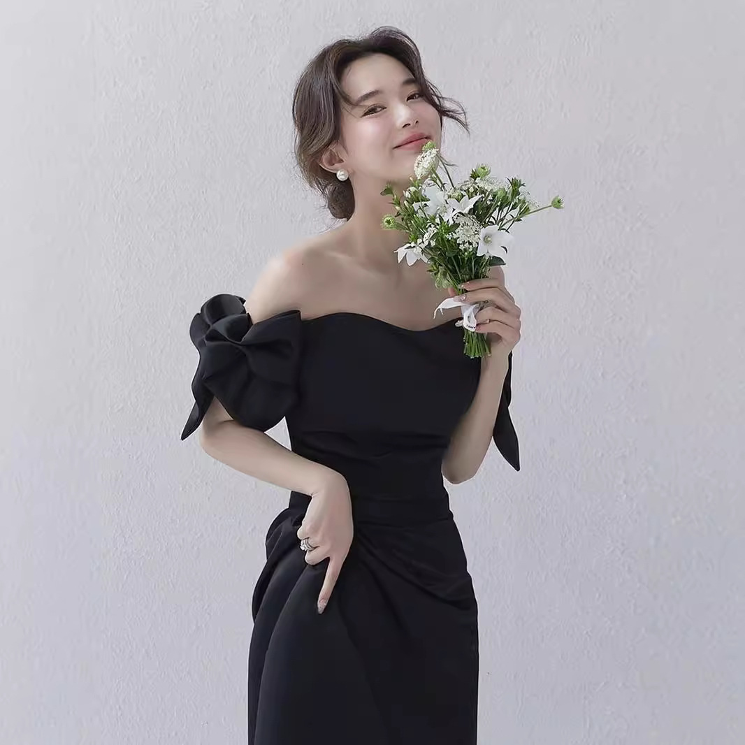 French Light Wedding Black Satin Hepburn Style Studio Theme Couple Photo Bowknot Marriage Registration Small Dress_ecoleips.com