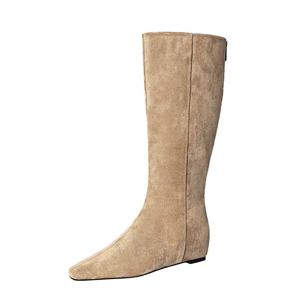 6632-35 Korean Style Women's Simple Fashion Versatile Mid Heel Wedge Hidden Height Increase Suede High Tube Boots_vogvips.com