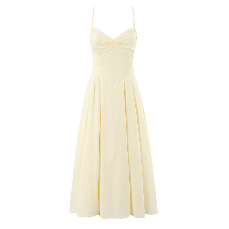 Taop&Za Women's Clothing 2026 Summer New Style Elegant Celebrity-Style Yellow Pleated Mid-Length Slimming Dress