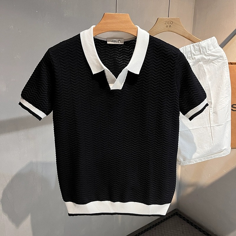 2025 Design Color-Blocked Polo Shirt Short-Sleeved Men's Summer Business Casual Knitted T-Shirt Korean Style Trendyy Short t