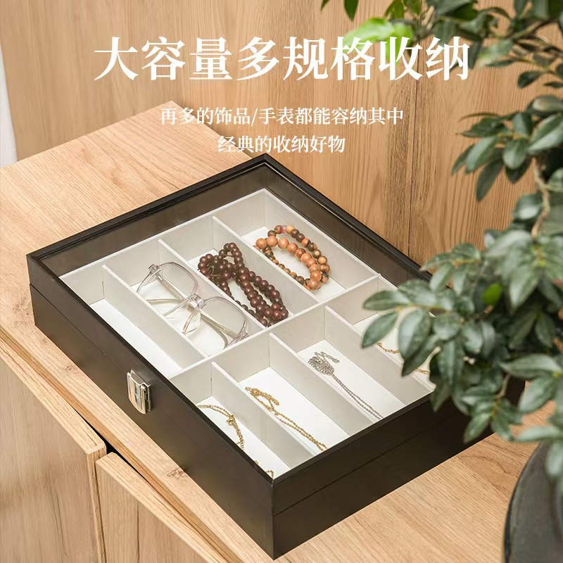 Glasses Necklace Storage Box with Lid Dust-Proof Glass Black Wooden Single-Layer Tray Jewelry Jewelry Box Large Capacity