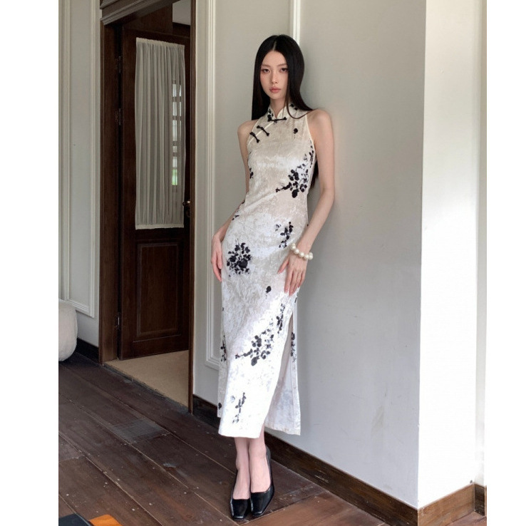 Velvet Waist-Cinching Ink Print Long Slim-Fit Slimming Cheongsam Dress
