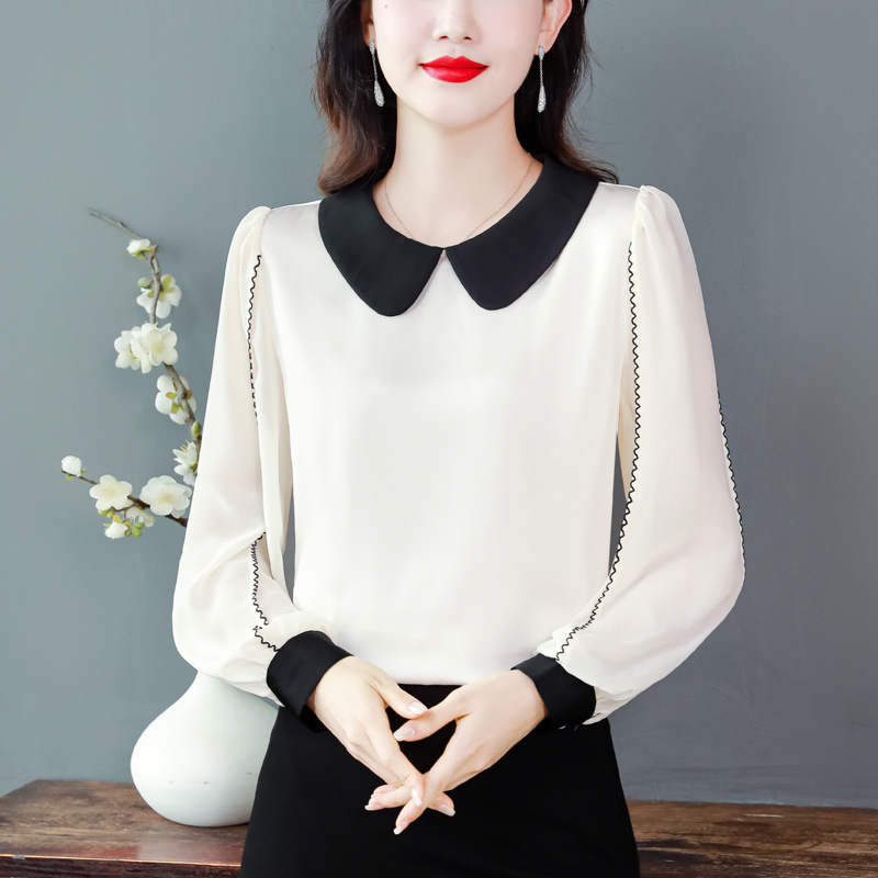 2025 Spring and Summer New Long-sleeved Elegant Shirt Women's Doll Collar Stitching Styish Small Shirt All-match Silk Top