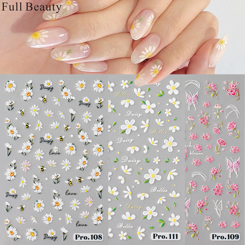 Cross-border New Nail Art Stickers Daisy Micro-carving Daisy Flowers Pink Butterfly Sunflower Adhesive Nail Stickers