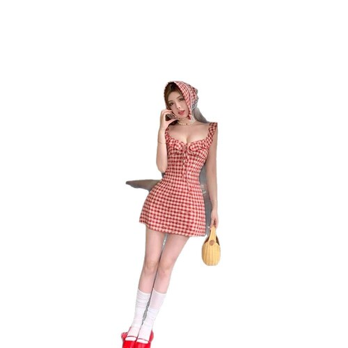 French red plaid sleeveless dress for women in summer 2025 new small person looking slim and waist-hugging short skirt