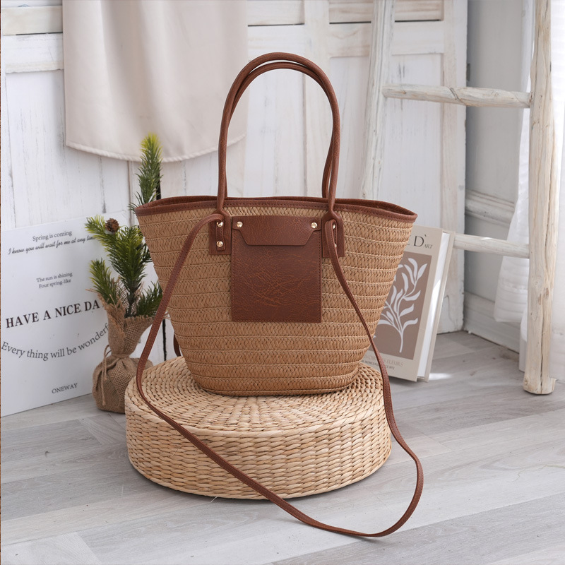 Handmade Rattan Shoulder Bag With Leather Trim Eco-friendly Basket_voghion.com