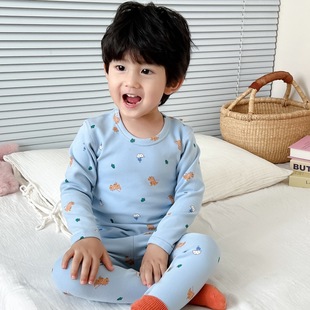 Children's Boneless Autumn Clothes and Pants Set Autumn and Winter Warm Baby Underwear Sanding Thick Korean Style A Cotton Boys and Girls