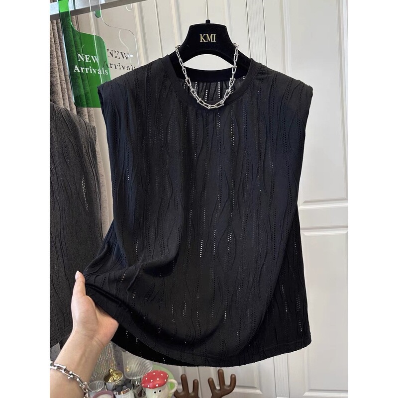 High-End Round Neck Black Cut Out Shoulder Pad Sleeveless T-Shirt for Women Summer New Loose and Versatile Casual Vest Top