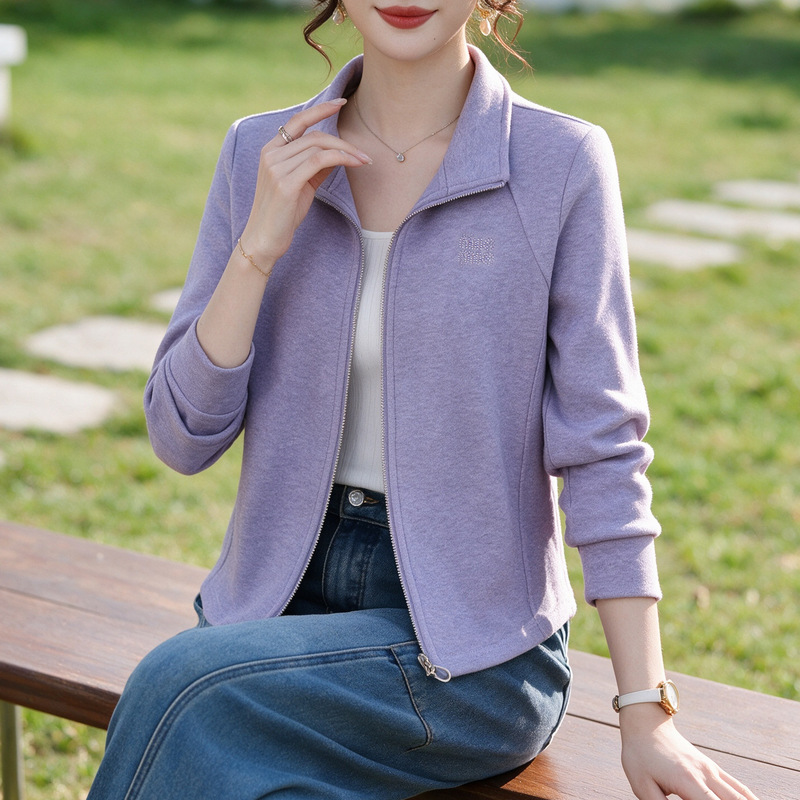 2026 Autumn New Style Rhinestone Stand Collar Jacket for Women, Fashionable and Youthful Casual Zipper Cardigan Top for Mothers