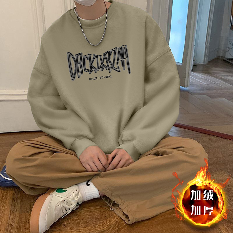 오트밀 그레이 라운드넥 스웨트셔츠 플러스 플리스 스타일-2350【GL】