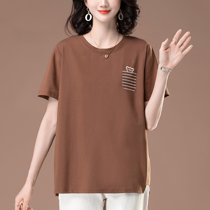 Excalated Large Size Summer Short-sleeved T-shirt Women's Pure Cotton Loose Middle-aged Mother Western Style Embroidery Casual Half-sleeved 6333