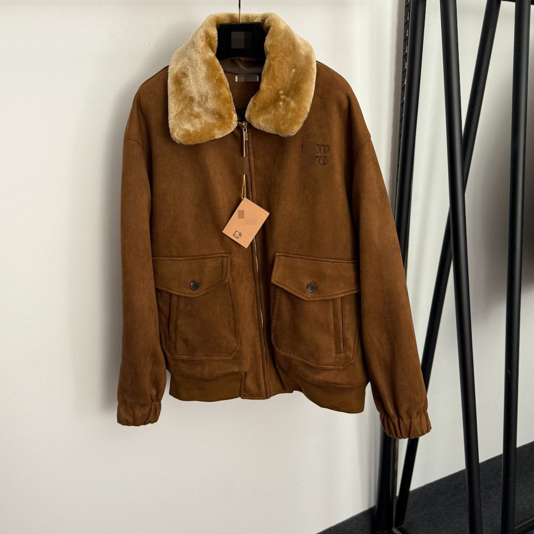 New Embroidered Patch Detachable Leather Fur Collar Quilted Cotton Jacket with Zipper Lining and Long Sleeves with Deerskin Velvet Outer