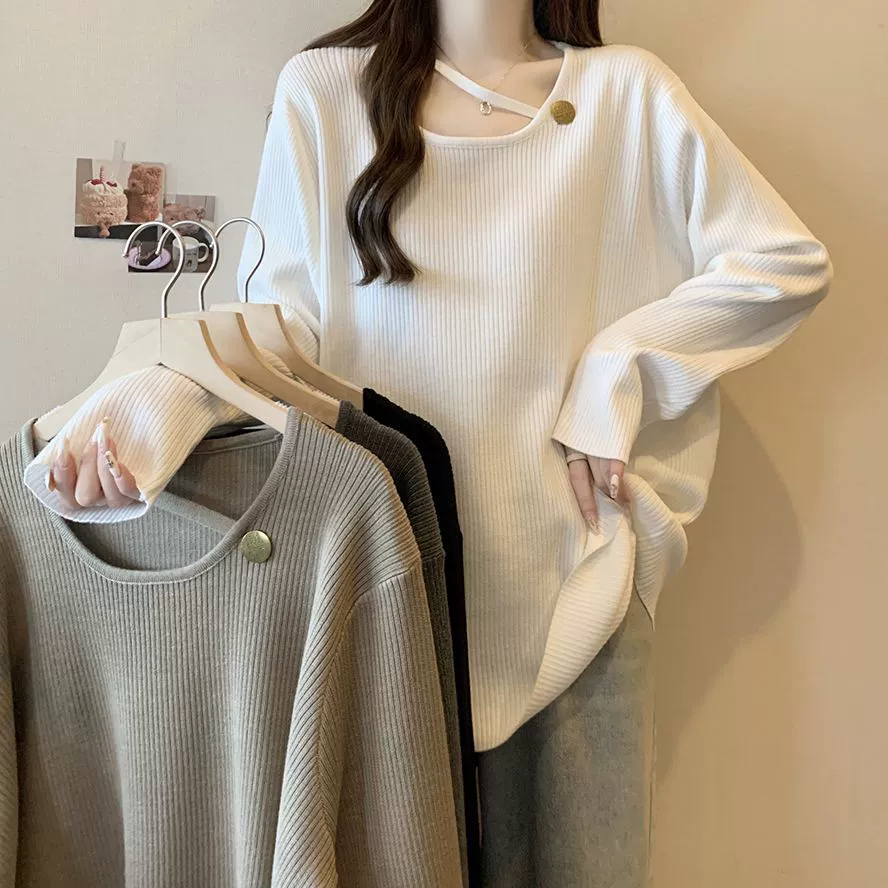 300 фунтов большой размер женская осенняя футболка с длинными рукавами женская новая толстая миллиметровая свободная рубашка с покрытием живота