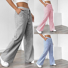 欧美 外贸跨境2025新款 条纹长裤纯色休闲百搭街头时尚宽松阔腿女