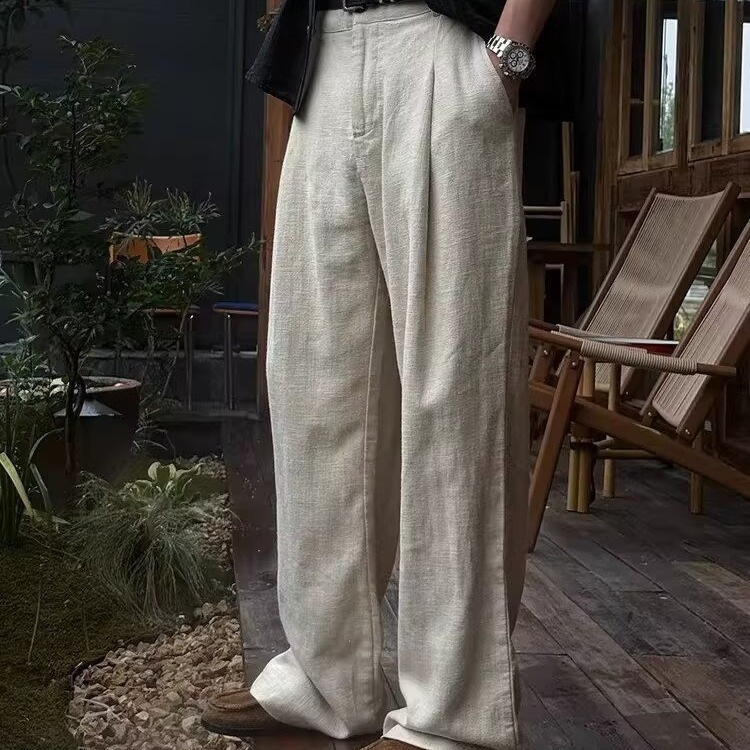 Old Money Style Tencel Linen Pants for Men, Summer Thin Style, Trendy Casual, Relaxed Drape, A-Line Straight Wide-Leg Pants
