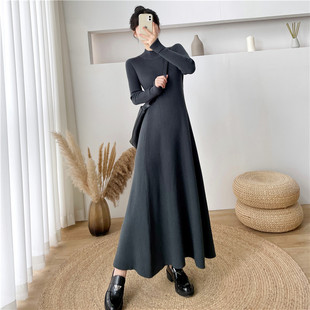 Postpartum Waist Slimming Knitted Nursing Dress for Autumn and Winter, Paired with a Coat, Over-The-Knee Long Skirt, and Inner Layer to Cover the Belly for Hot Moms