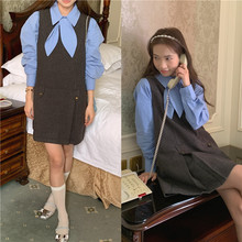 跨境套装女英伦风压褶小金扣毛呢背心连衣裙+别致尖领衬衫两件套