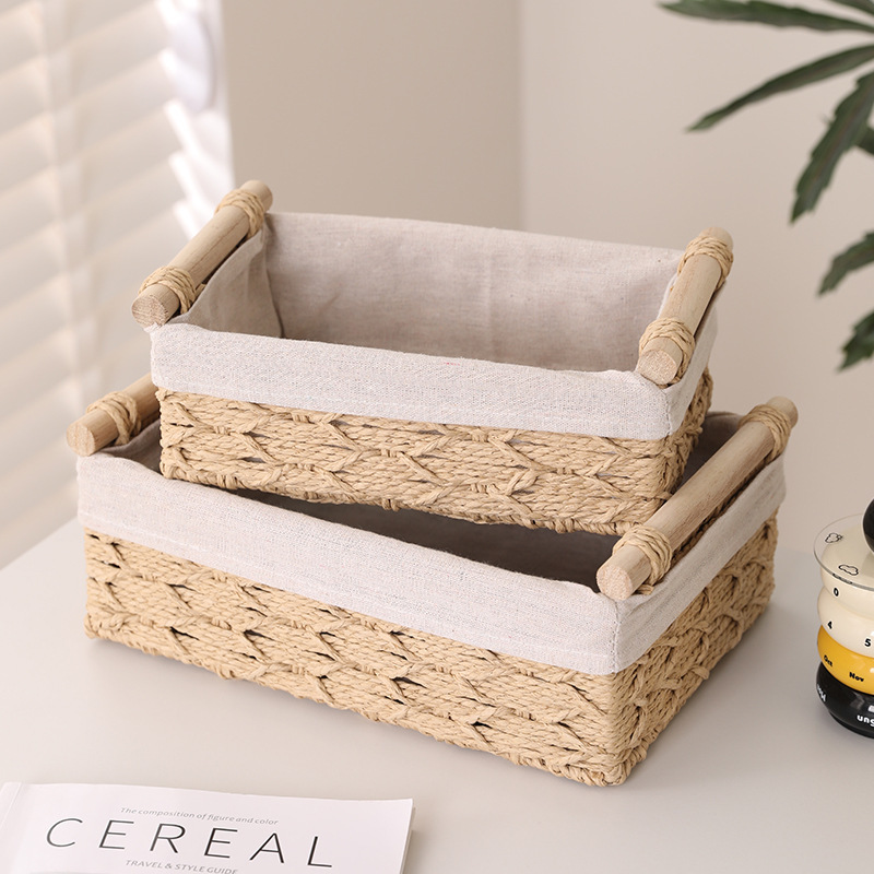 Cross-Border Paper Rope Woven Storage Basket with Handle Woven Storage Basket Snacks Sundries Cosmetics Imitation Rattan Storage Basket