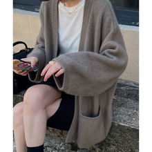 秋季欧货慵懒风开衫女100纯羊毛衫中长款加厚宽松针织衫毛衣外套