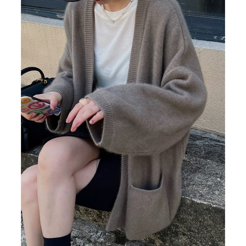 秋季欧货慵懒风开衫女100纯羊毛衫中长款加厚宽松针织衫毛衣外套