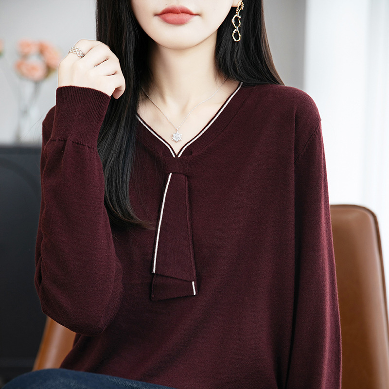 法式精纺毛针织衫女2025秋冬新款V领长袖打底衫内搭毛衣女装小衫|undefined