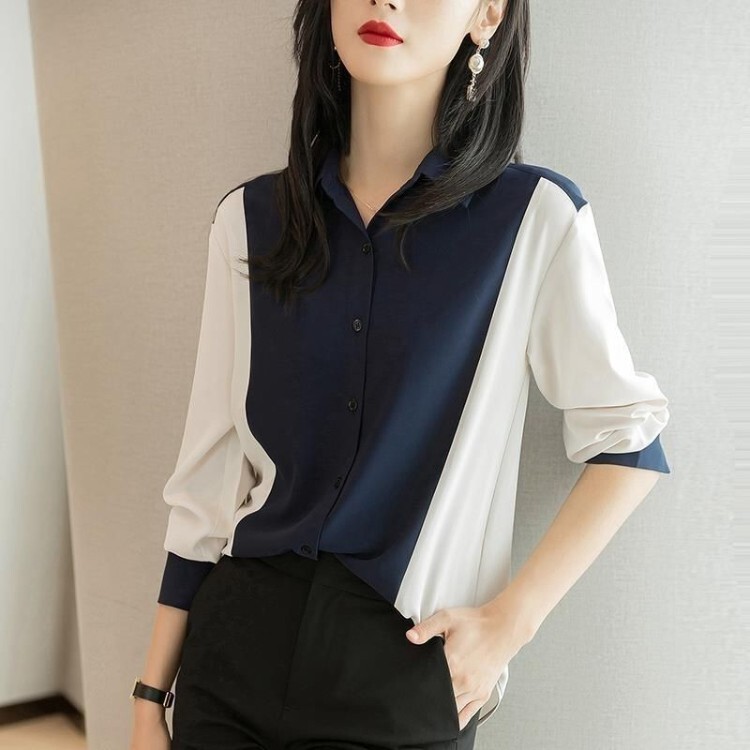 Women's Shirt 2025 New Model Hong Kong Style Color-Block Loose High-End Chiffon Design Unique Fashionable Color-Contrast Women's Clothing Women's Shirt 2025 New Model Hong Kong Style Color-Block Loose High-End Chiffon Design Unique Fashionable Color-Contrast Women's Clothing
