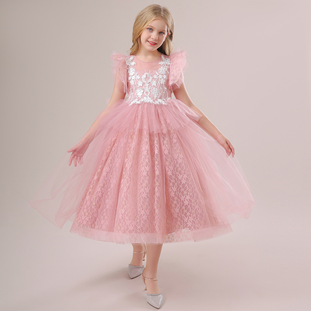 Amazon nuevo vestido de las niñas vestido largo bordado con cuentas malla pettiskirt vestido de novia viento flor vestido de los niños vestido de princesa