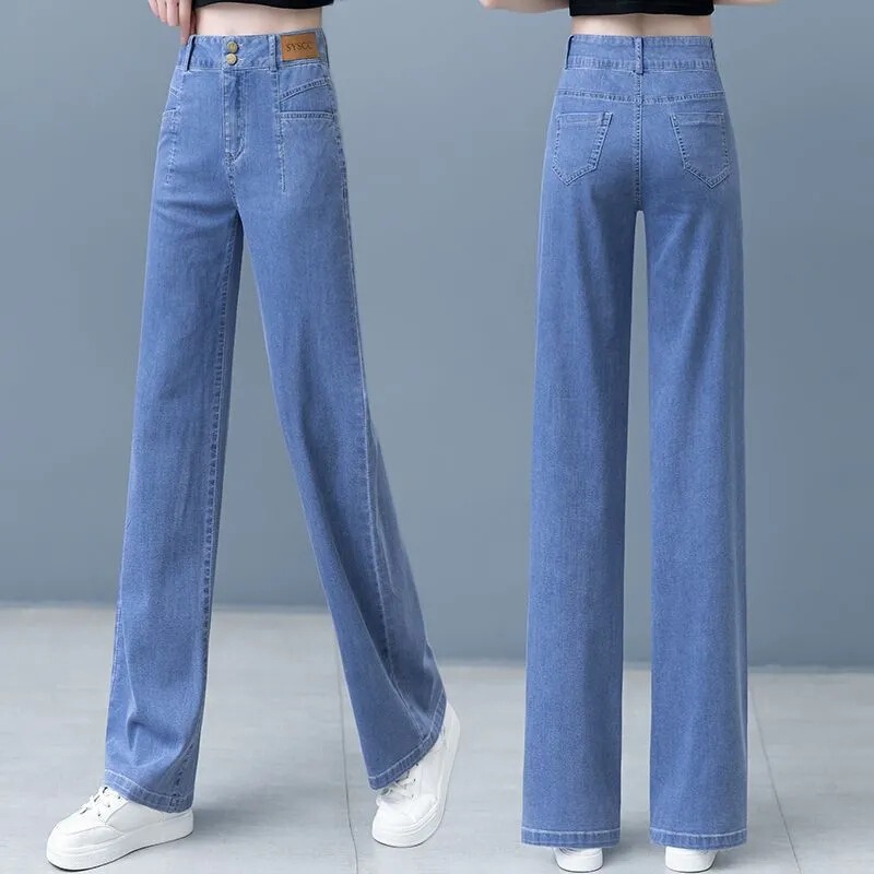 Ice Silk Wide Leg Jeans Women's 2026 New High Waist Slim Pants Summer Thin Tencel Drape Straight-Leg Pants