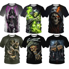 夏3D朋克重金属死神骷髅头个性宽松大码速干高弹透气冰丝短袖T恤