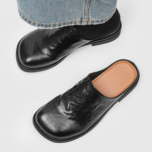 Square-Toe Half Slippers for Men, Casual Slip-Ons, Retro High-End Work Clothing Casual Toe-Toe Slippers 91516-W