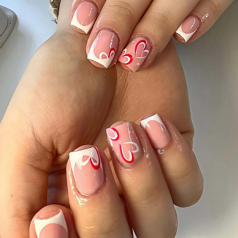 Valentine's Day Wearable Love Fake Nails French Two-Color Love Nail Pieces Cross-Border European and American Press-On Fake Nails
