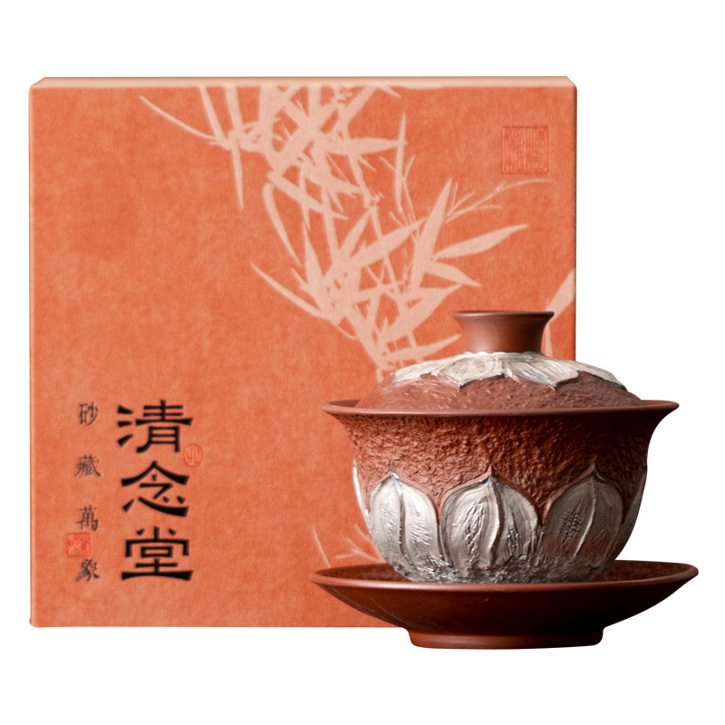 描银清莲盖碗复古家用三才盖碗泡茶敬茶碗功夫茶具带盖茶杯茶盏|undefined