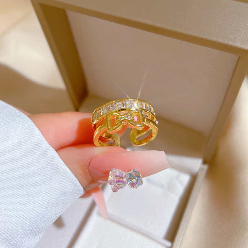 Fashion Bow Knot Brass Plating Inlay Zircon Open Ring 1 Piece