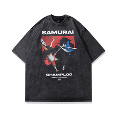 TKPA National Trend Water Washed Distressed Anime Short Sleeve T-Shirt for Men and Women, American Retro Streetwear Hip-Hop Fashion Brand Couple Half-Sleeve T-Shirt