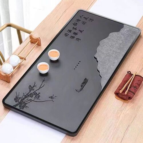 Natural Basalt Stone Tea Tray with Whole Piece Black Gold Stone, Large Stone Black Gold Stone Tea Sea, Simple Home Use Tea Table Logo Engraving