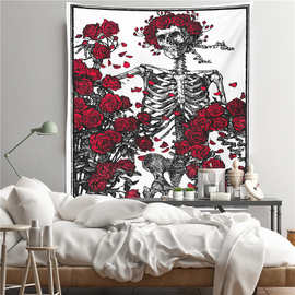 戴玫瑰花环鬼图案印花挂毯 客厅卧室装饰挂画背景布