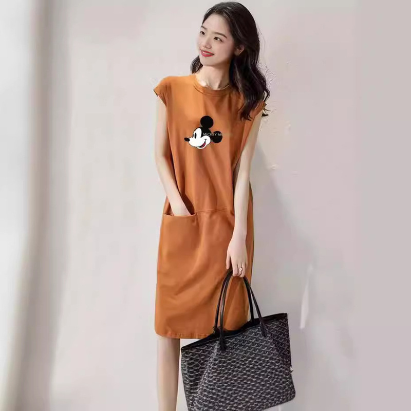 Summer plus size Sleeveless dress Women's Korean-style Simple Casual Cartoon Mid-length Round Neck Pullover A- line Long T Dress