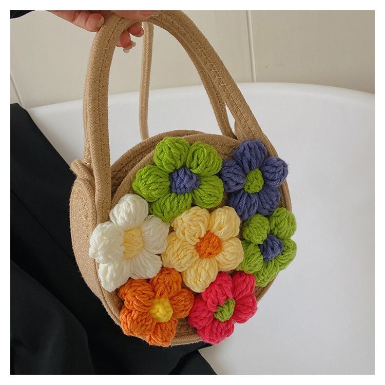Korean Style Summer New Cotton Rope Woven Women's Bag Flower Bag Fresh Style Shoulder Portable Women's Bag Fashion Beach Bag
