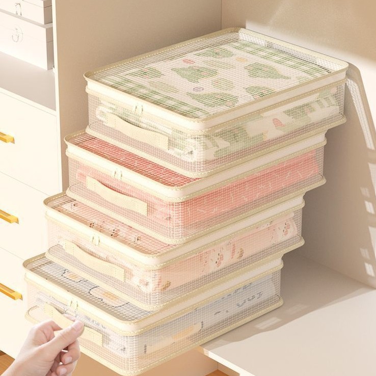 Bolsa de almacenamiento de malla visual de cuatro piezas, bolsa de acabado de cubierta de sábanas domésticas, armario, bolsa de almacenamiento a prueba de polvo de ropa de algodón