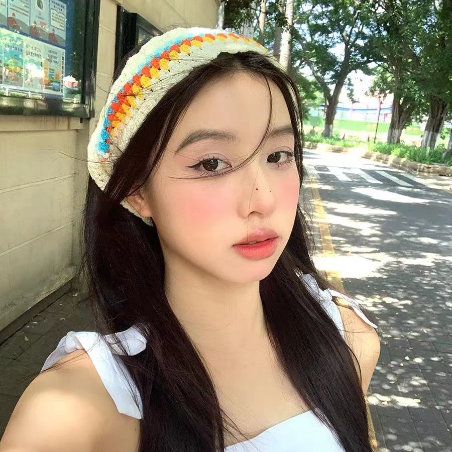 民族風鏤空三角巾彩色編織寬邊髮帶可愛甜美鈎花包頭巾女