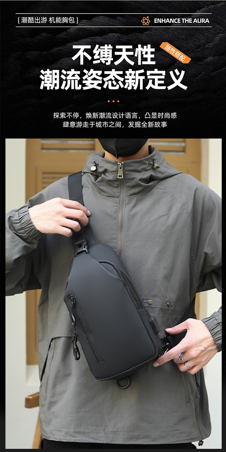 New cross-border men's chest bag, casual large-capacity single-shoulder crossbody bag, water-resistant trendy backpack with LOGO printing details Picture