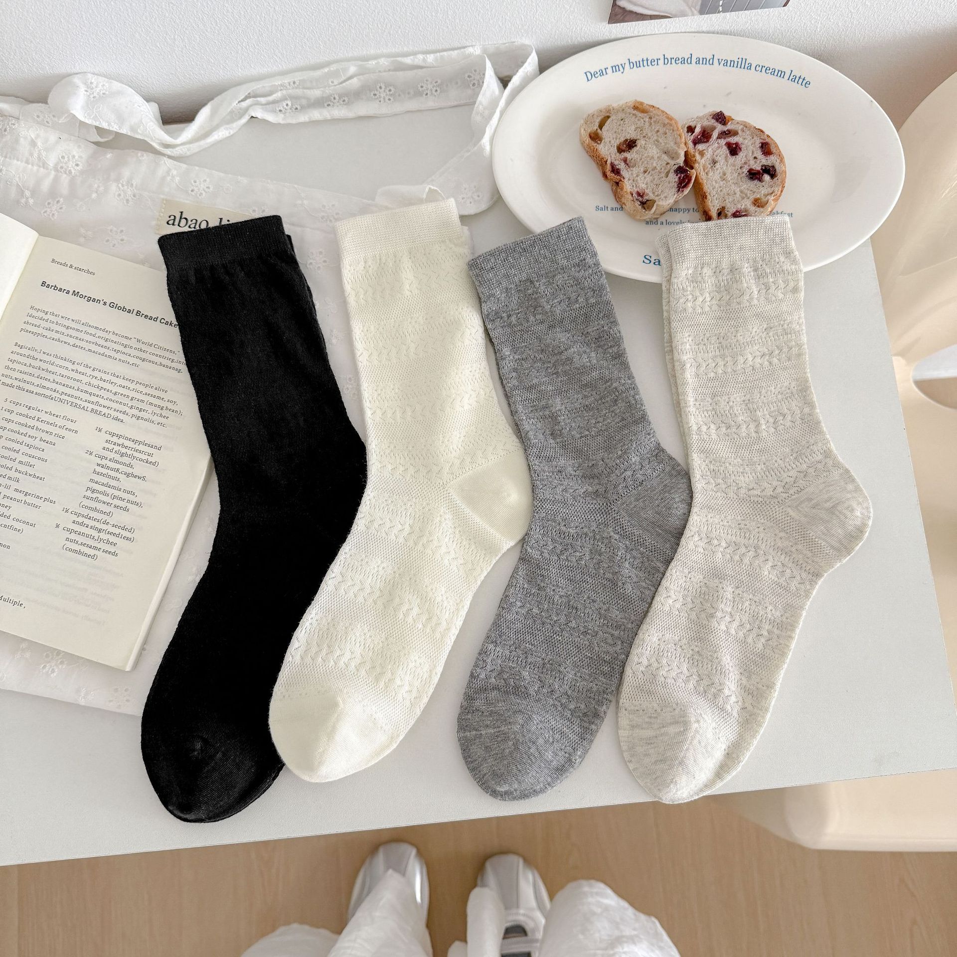 Minimalist Vintage Pointelle Knit Cotton Blend Crew Socks Detail View 1