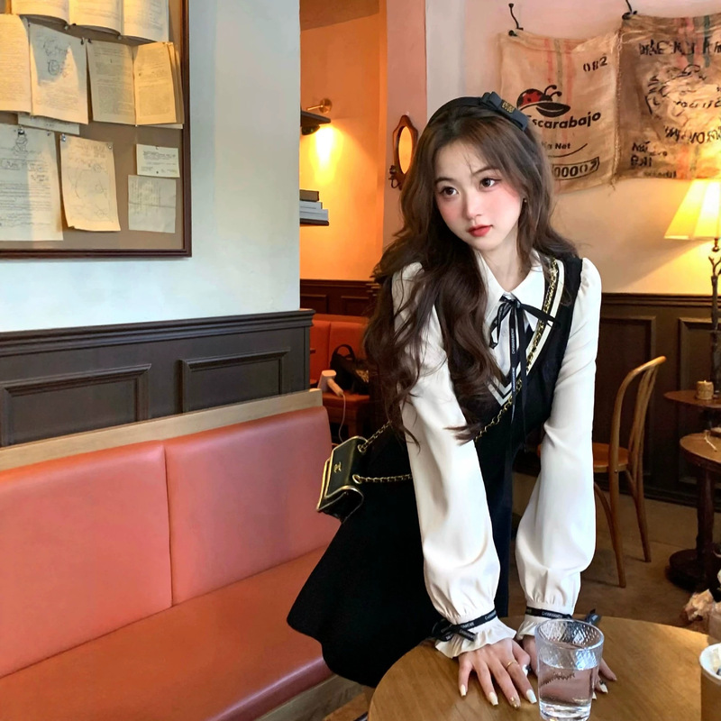 Qnvwangjia Windsor College/Fake Two-Piece Slim-Fit Long-Sleeve Black Dress for Petite Women Early Autumn 2025 Qnvwangjia Windsor College/Fake Two-Piece Slim-Fit Long-Sleeve Black Dress for Petite Women Early Autumn 2025