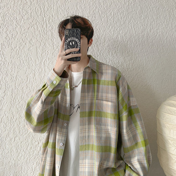 Casual Plaid Shirt Men's Summer Thin Long-sleeved Shirt Trendy Brand Couple's Ice Silk Loose Sun Protection Jacket Top