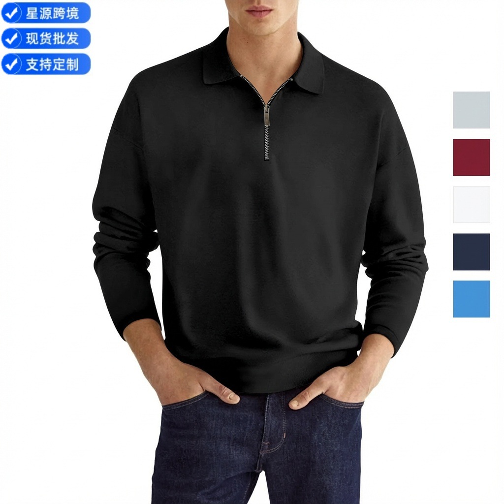 Europa y América ins transfronteriza primavera y otoño venta rápida amazon polo camisa cremallera color sólido hombres de manga larga camisa de polo deportivo