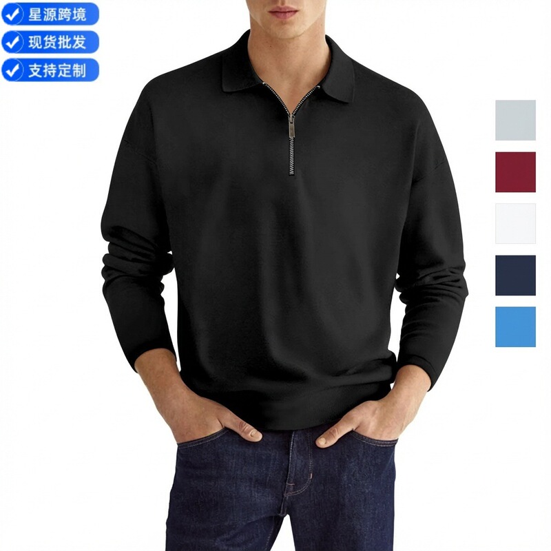 European and American ins Cross-border Spring and Autumn Quick Sale Amazon POLO Shirt Zipper Solid Color Men's Long Sleeve Sports Polo Shirt