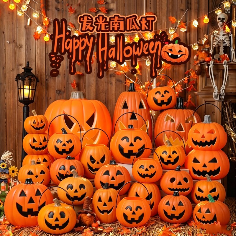 Halloween pumpkin bucket, portable pumpkin bucket light, glowing pumpkin light decoration, foreign trade warm light pumpkin portable candy bucket