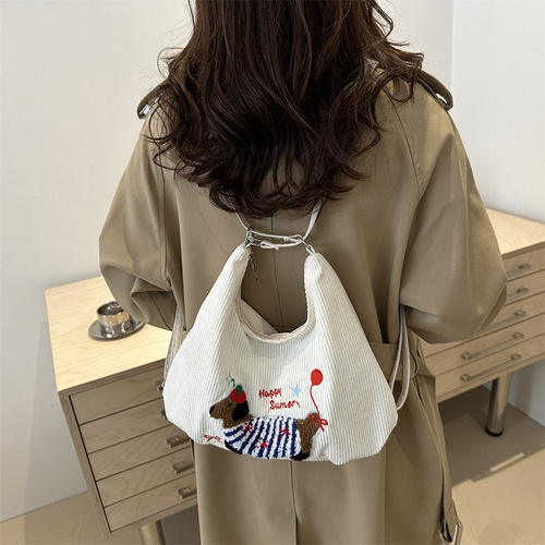 Large Capacity Embroidered Sausage Dog Foldable Backpack 2024 New Trend Striped Canvas Single Shoulder Crossbody Tote Bag