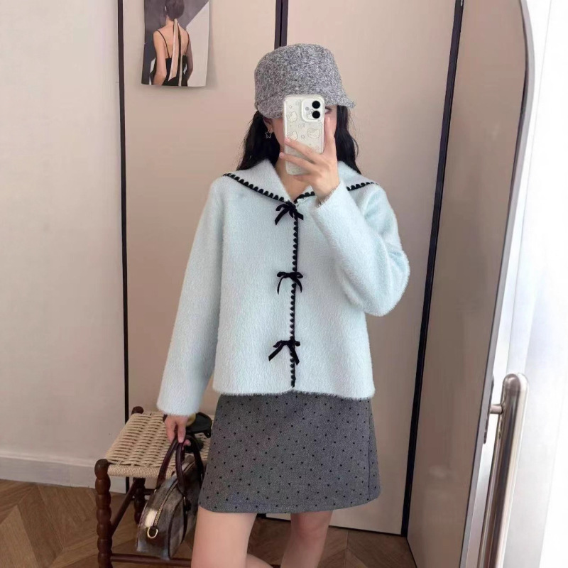 Autumn and Winter New Style Small Fragrant Navy Collar Imitation Mink Sweater Jacket Preppy Style Bow Chic Knitted Cardigan for Women Autumn and Winter New Style Small Fragrant Navy Collar Imitation Mink Sweater Jacket Preppy Style Bow Chic Knitted Cardigan for Women